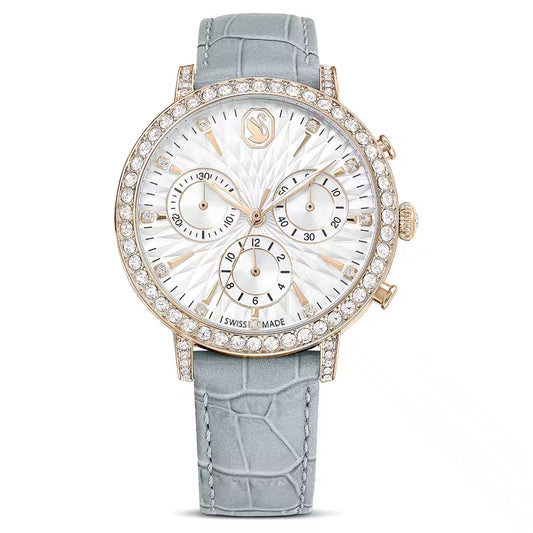 Luxury watch with a gray strap and rose gold accents on a white background