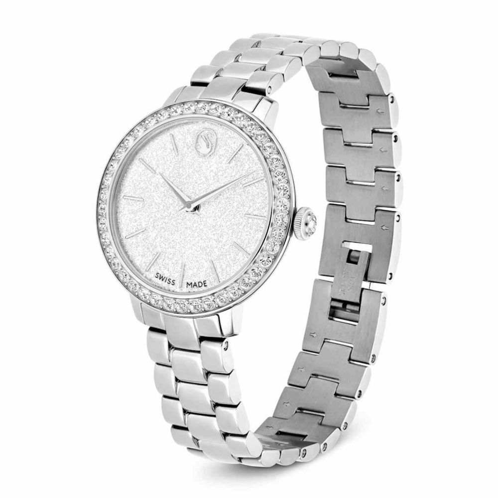 Silver watch with diamond-studded bezel on a white background