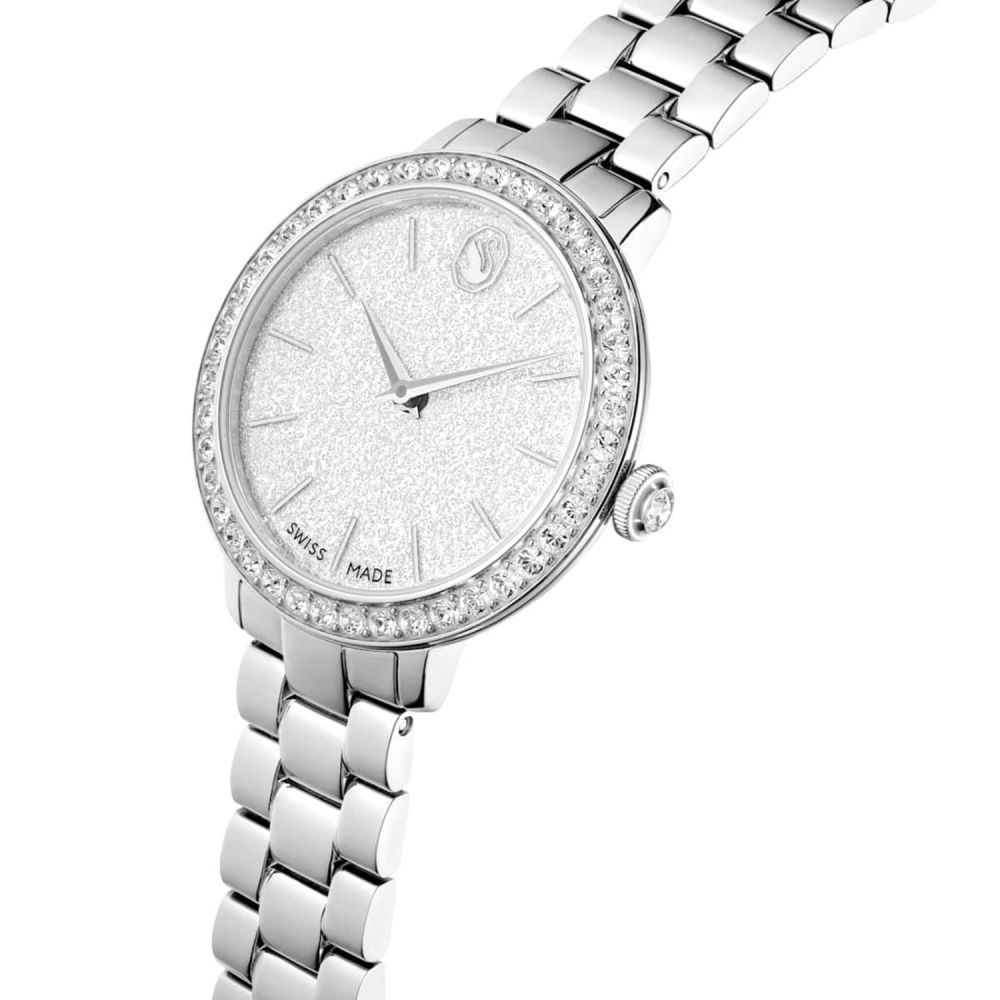 Silver watch with diamond-studded bezel on a white background