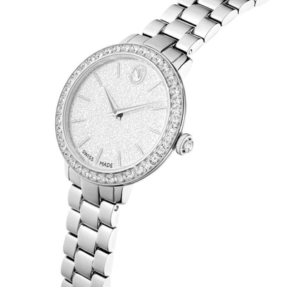 Silver watch with diamond-studded bezel on a white background