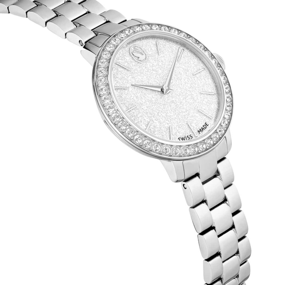 Silver watch with gemstone accents on a white background