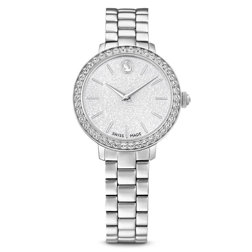Silver watch with gemstone accents on a white background