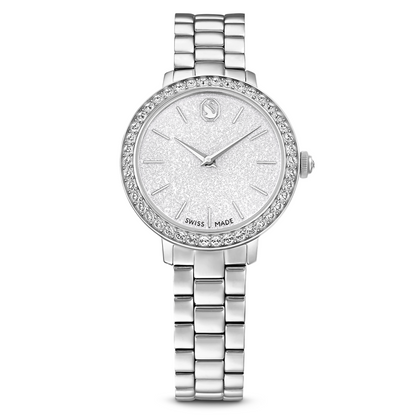 Silver watch with gemstone accents on a white background