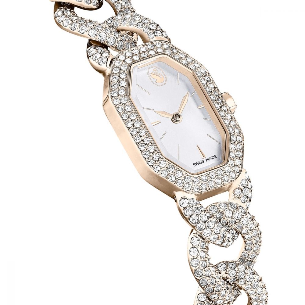 Luxury watch with rose gold case and chain strap on a white background