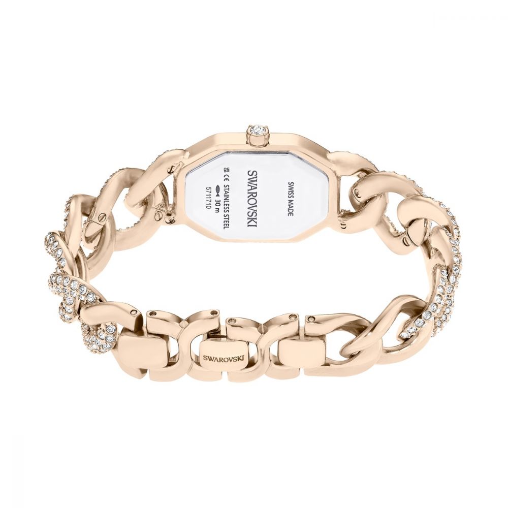 Rose gold chain-link watch with Swarovski branding on a white background