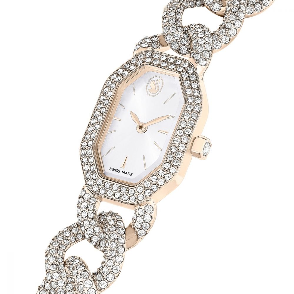 Rose gold watch with crystal-encrusted chain strap on a white background