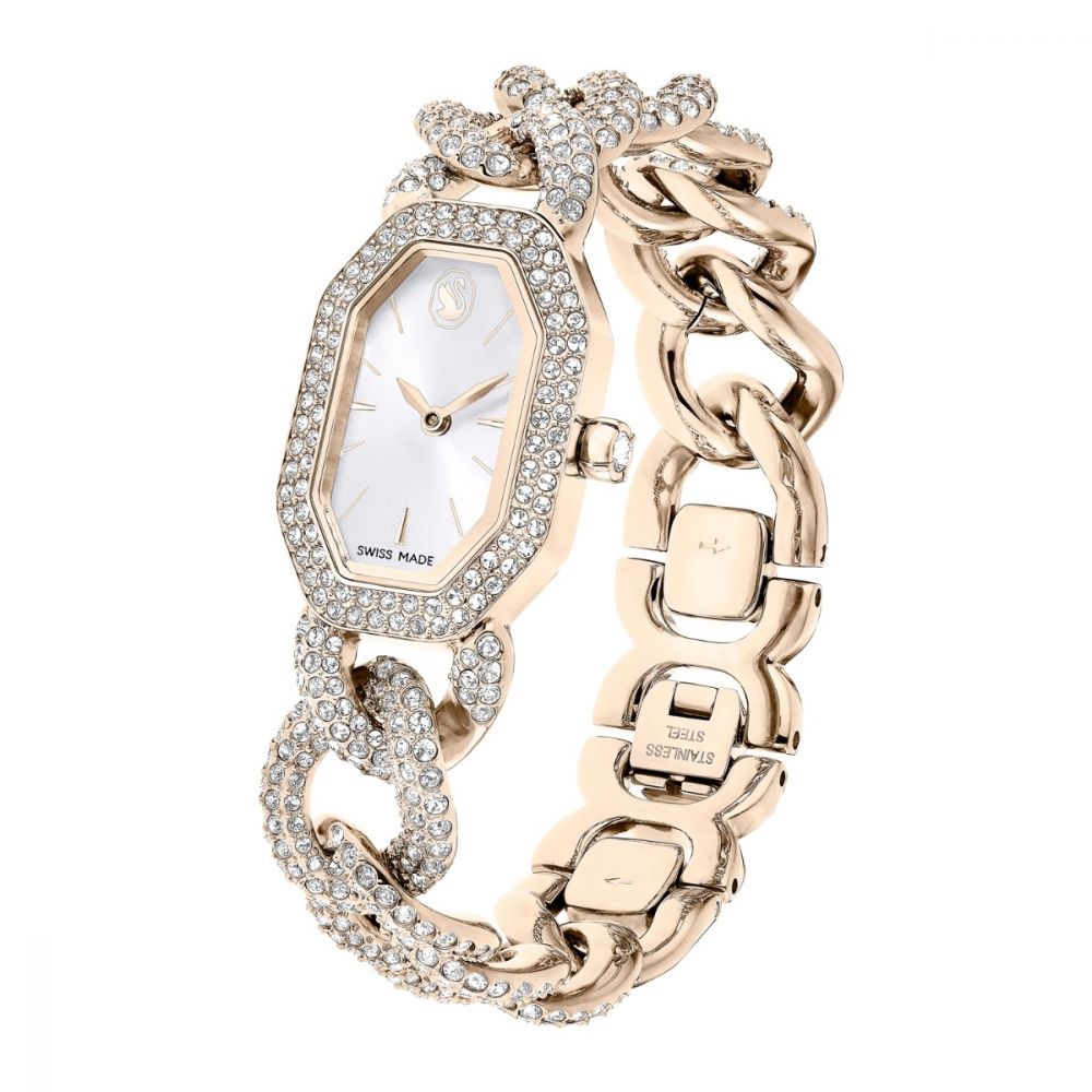 Rose gold watch with chain strap on a white background