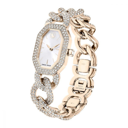 Rose gold watch with chain strap on a white background