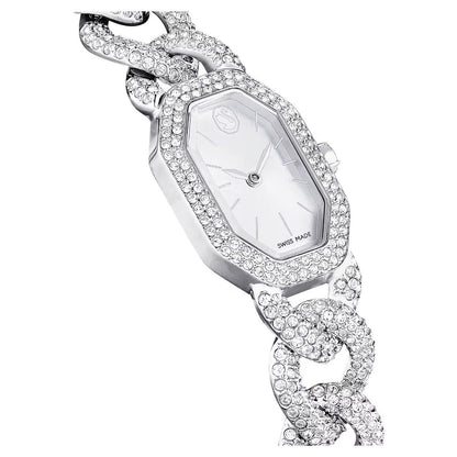 Silver watch with intricate design on a white background