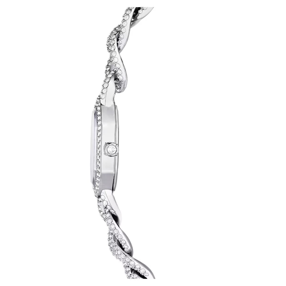 Silver bracelet with diamond accents on a white background