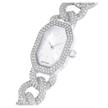 Silver watch with crystal embellishments on a white background