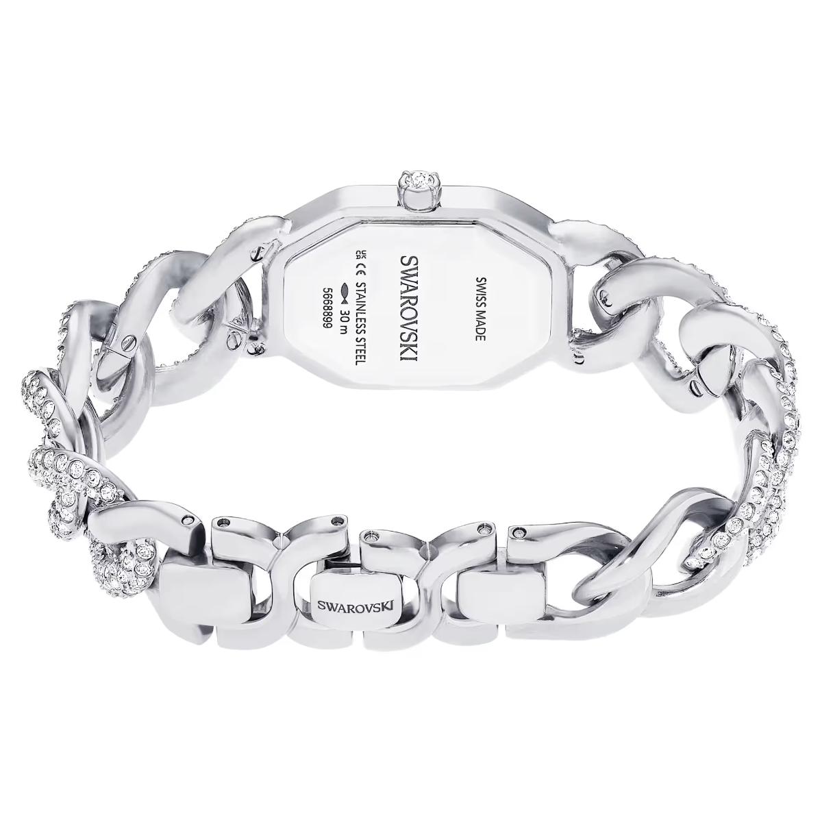Silver chain-link watch with Swarovski branding on a white background