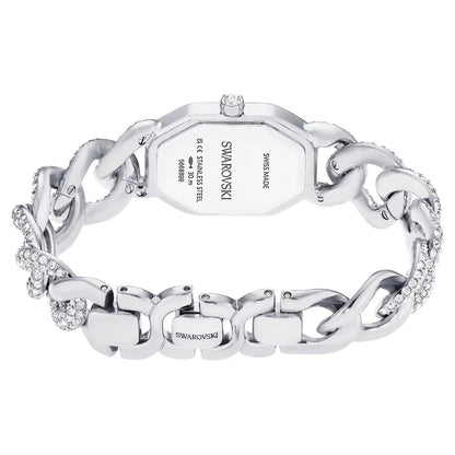 Silver chain-link watch with Swarovski branding on a white background