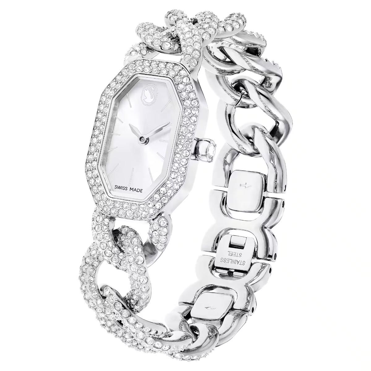 Silver watch with intricate design on a white background