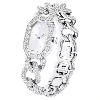 Silver watch with intricate design on a white background