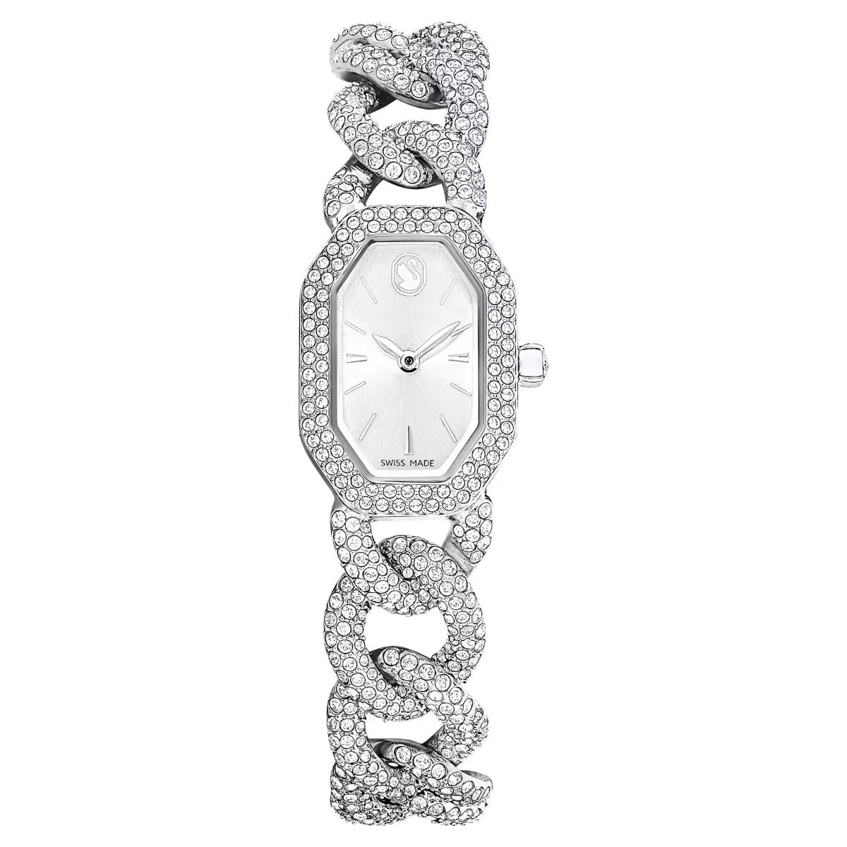 Silver watch with intricate design on a white background