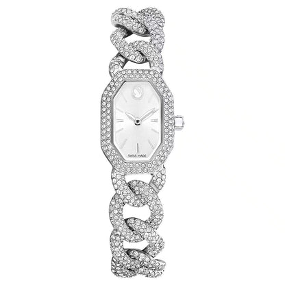 Silver watch with intricate design on a white background