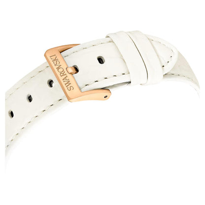White watch strap with rose gold clasp on a white background
