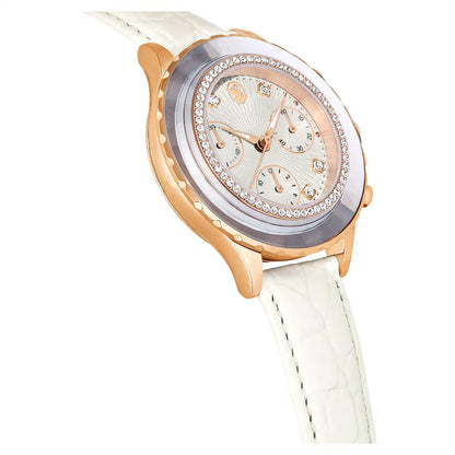 Luxury watch with rose gold case and white strap on a white background