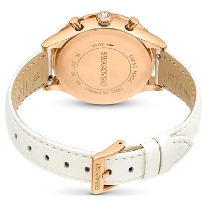 Rose gold Swarovski watch with white leather strap on a white background