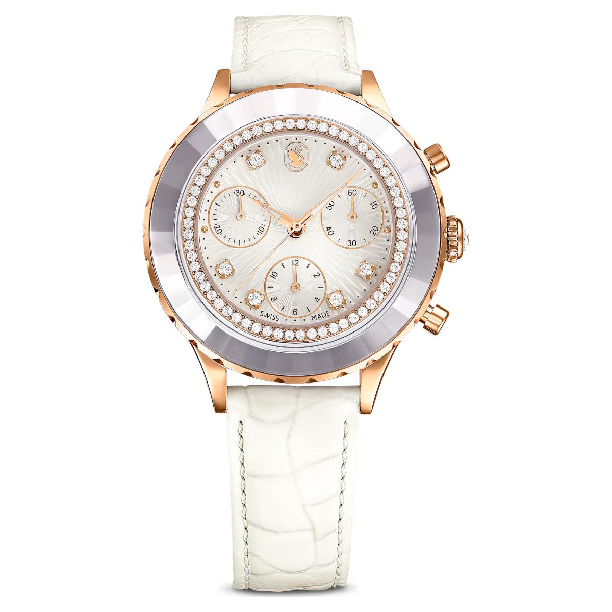 Luxury watch with white strap and rose gold casing on a white background