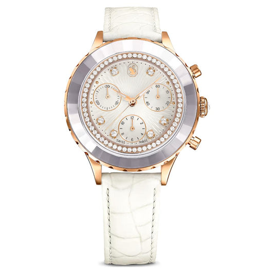 Luxury watch with white strap and rose gold casing on a white background
