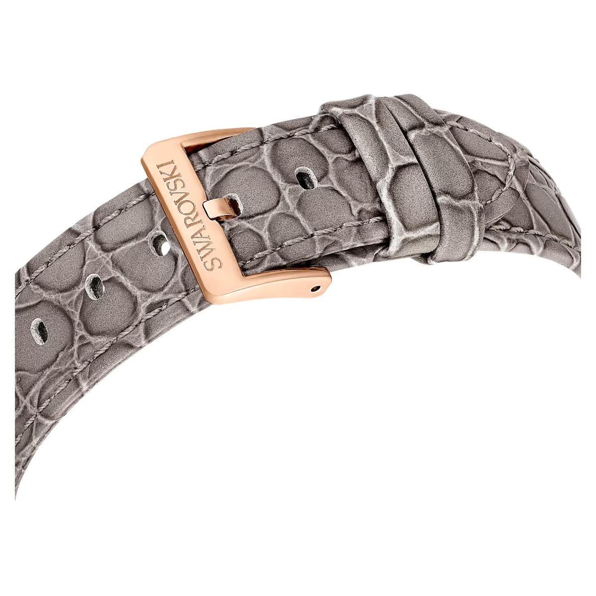 Gray textured watch strap with rose gold clasp on a white background