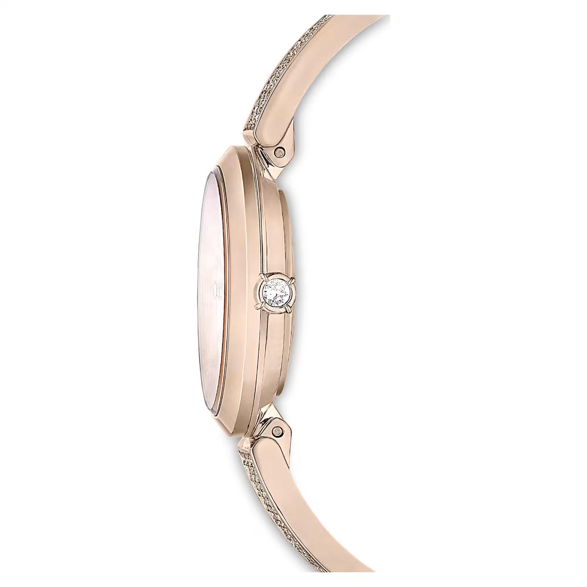 Rose gold watch with diamond accents on a white background