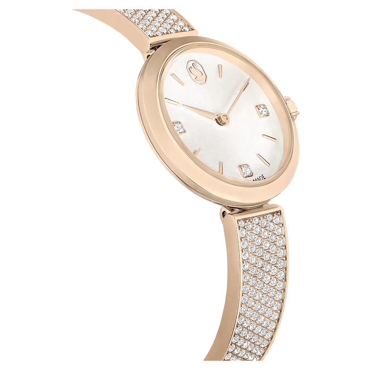 Rose gold watch with diamond accents on a white background