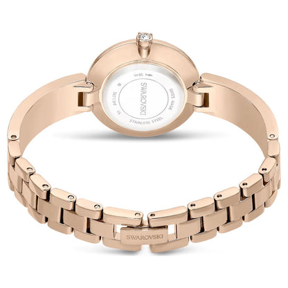 Rose gold Swarovski watch on a white background