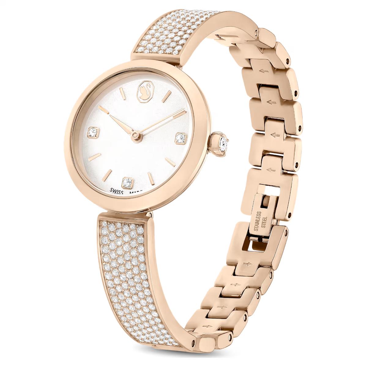 Rose gold watch with diamond-studded bracelet on a white background