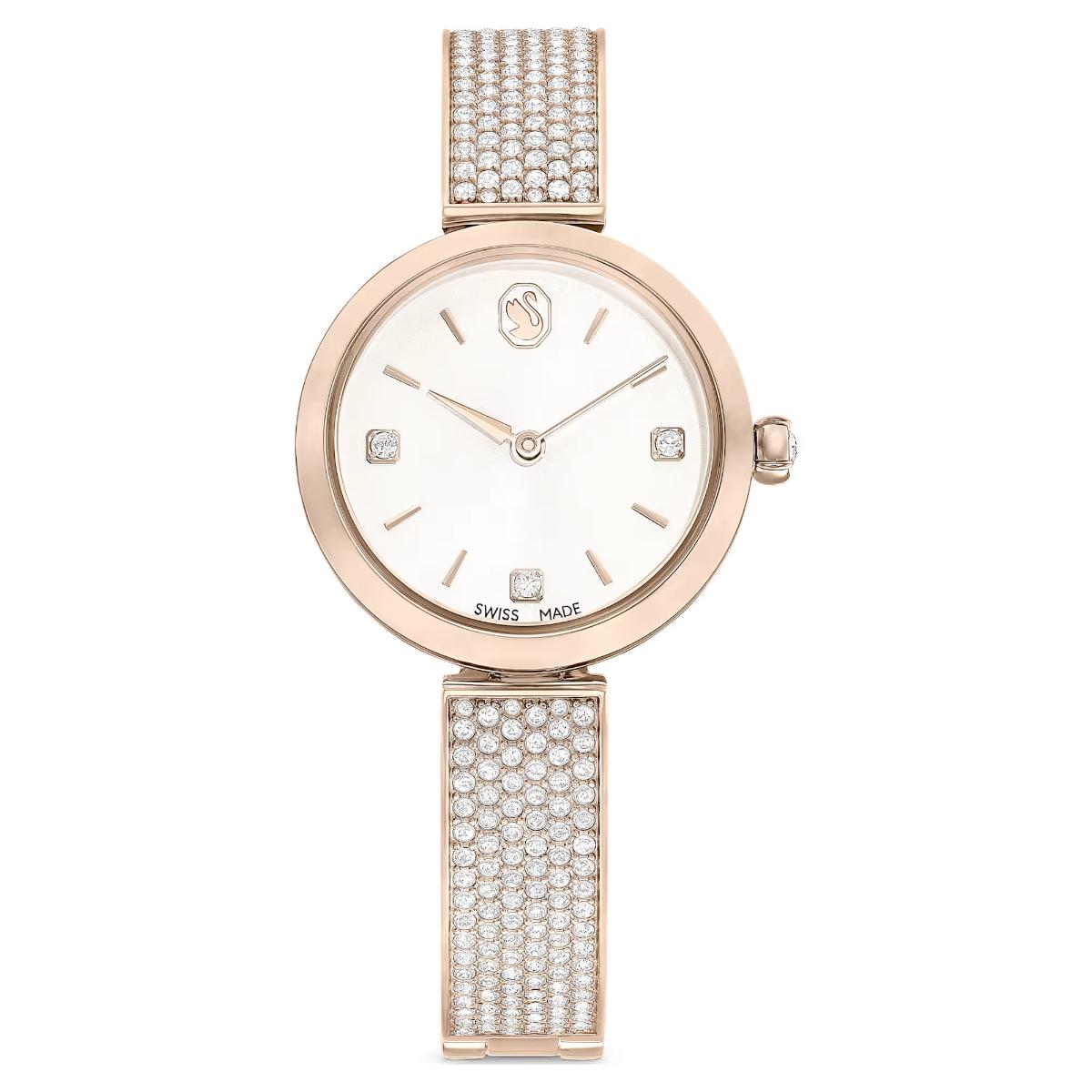 Rose gold watch with diamond-studded band on a white background