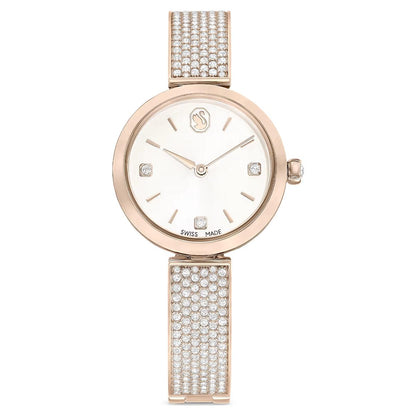 Rose gold watch with diamond-studded band on a white background
