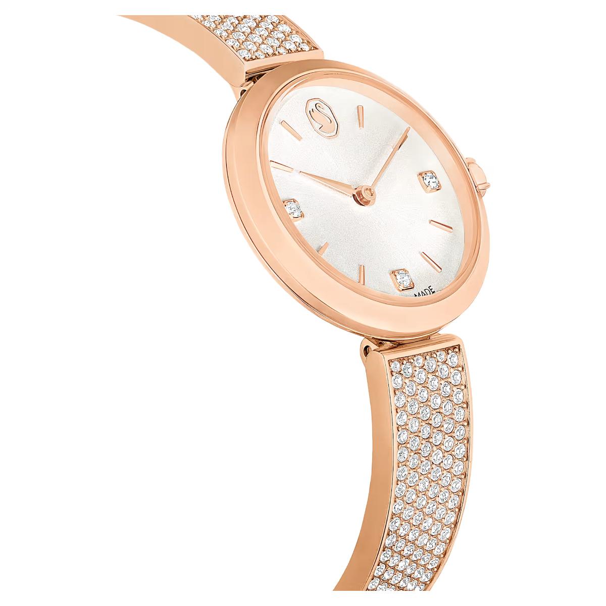 Rose gold watch with diamond accents on a white background