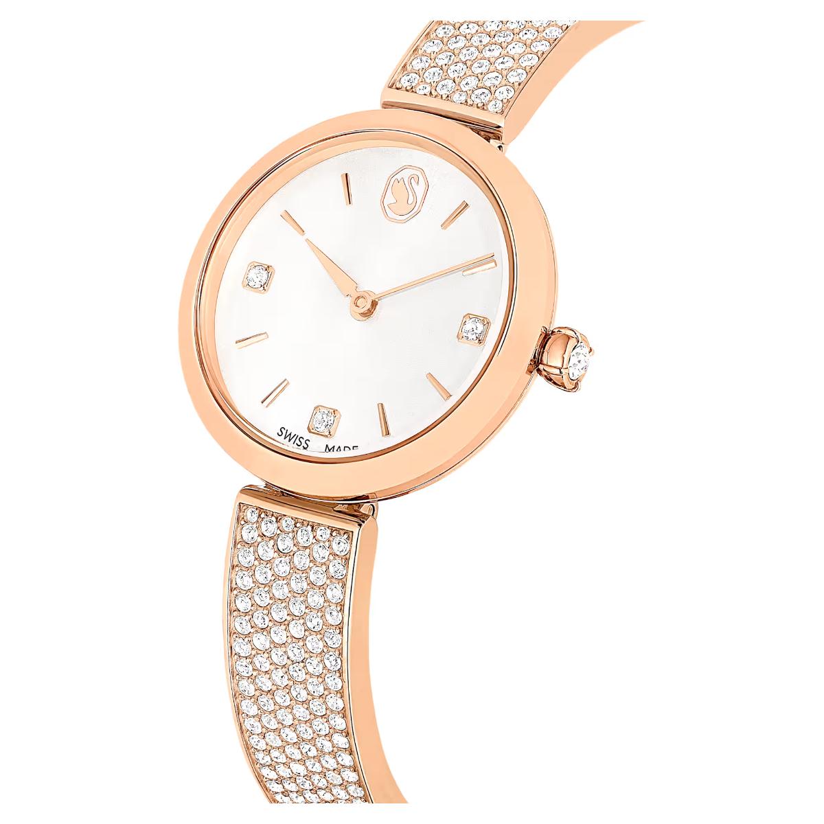 Rose gold watch with diamond-studded strap on a white background