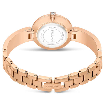 Rose gold Swarovski watch on a white background