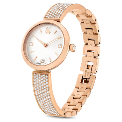 Rose gold watch with diamond-studded bracelet on a white background