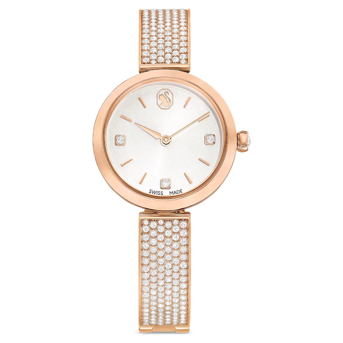 Rose gold watch with diamond-studded band on a white background