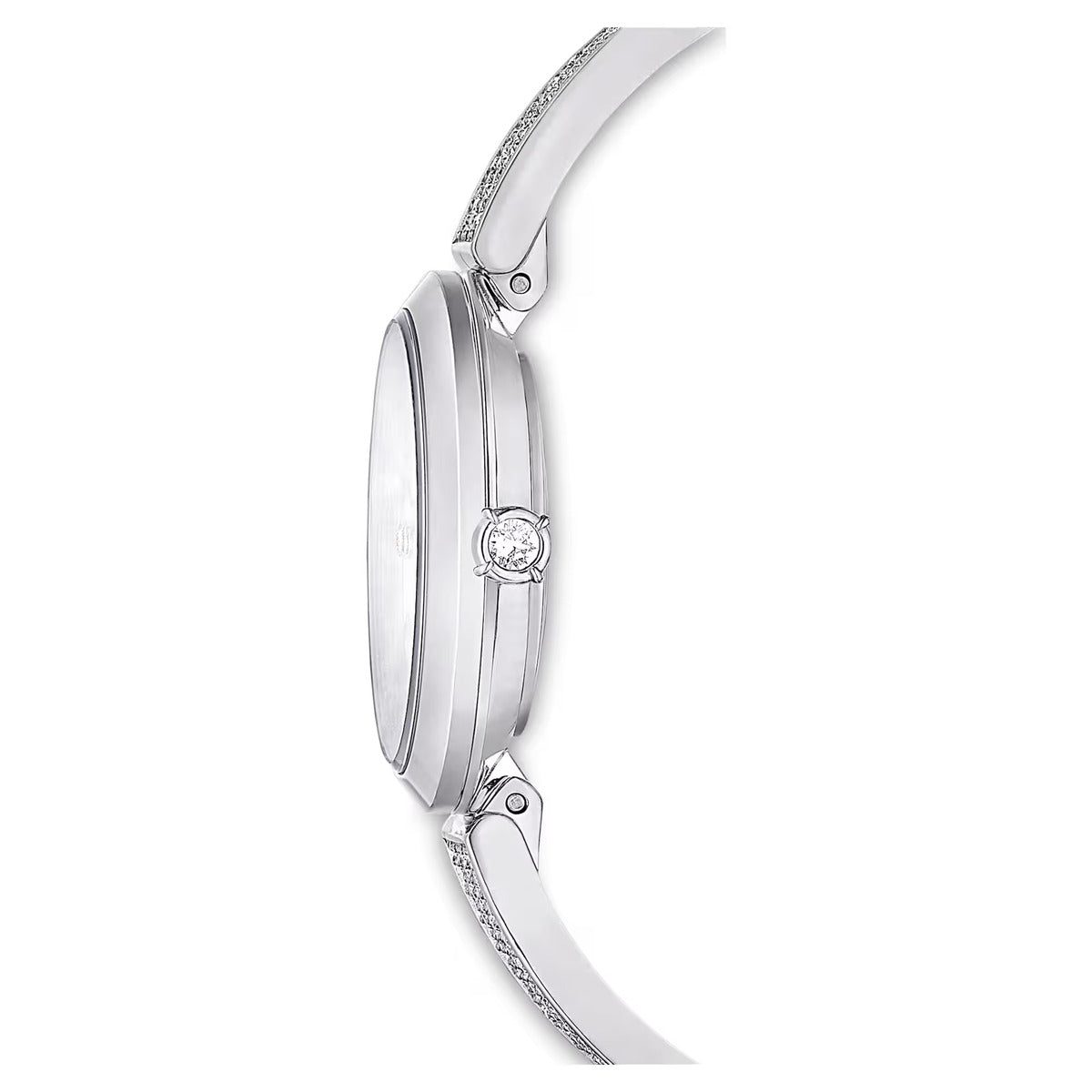 Close-up of a silver watch with a diamond on a white background