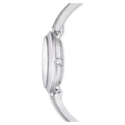 Close-up of a silver watch with a diamond on a white background