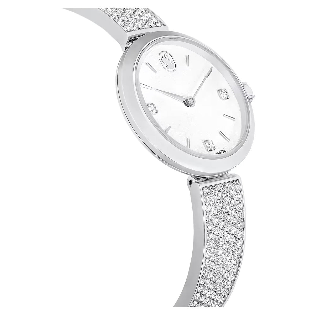 Silver watch with diamond accents on a white background