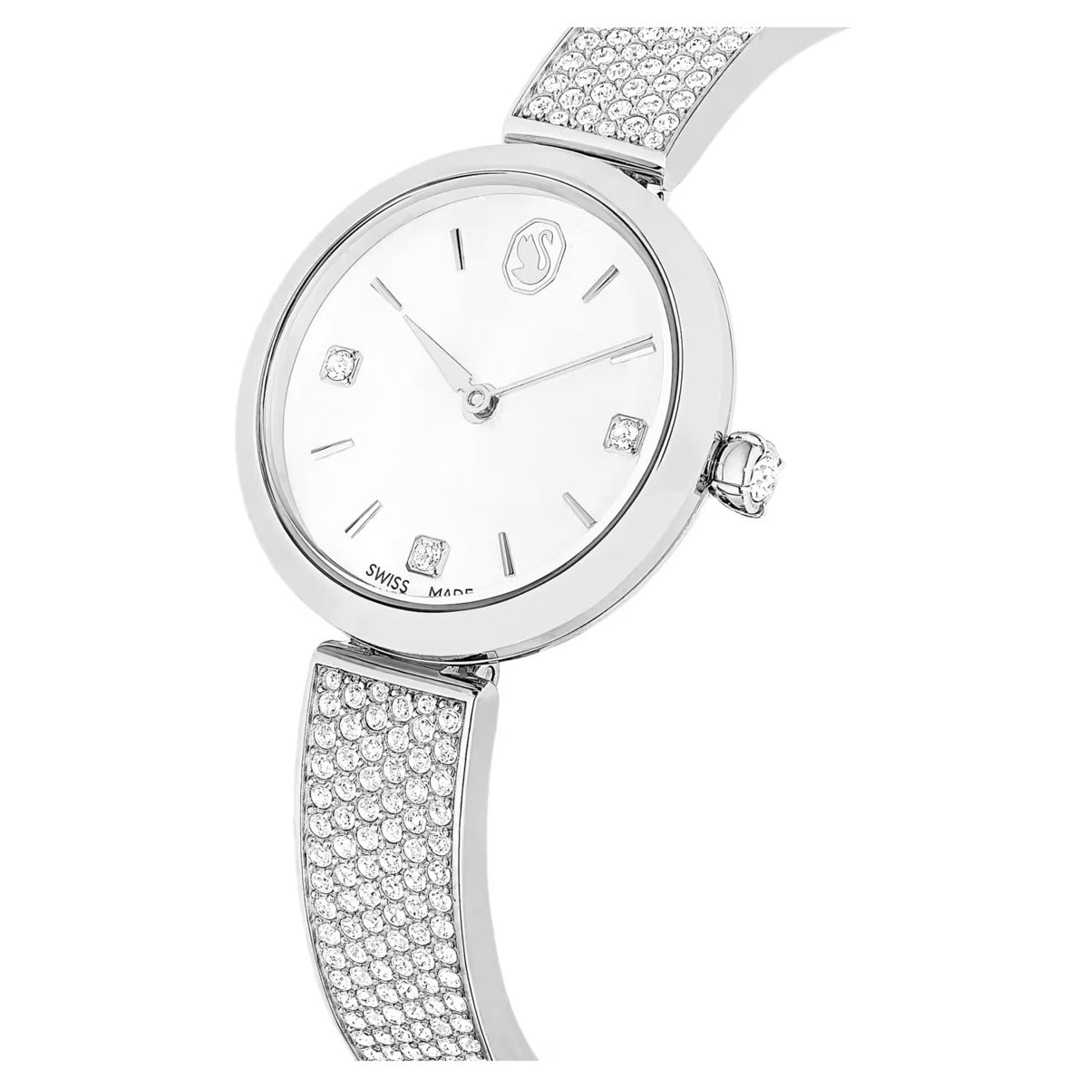 Silver watch with diamond-studded band on a white background