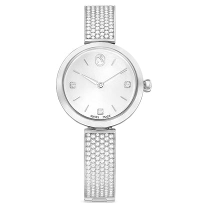 Silver watch with a detailed bracelet on a white background