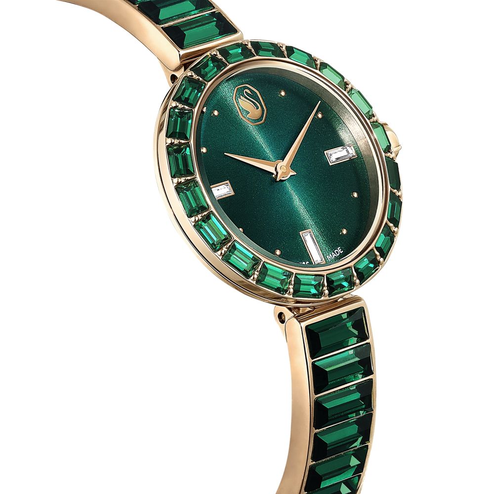Luxury watch with green gemstone bezel and rose gold case on white background
