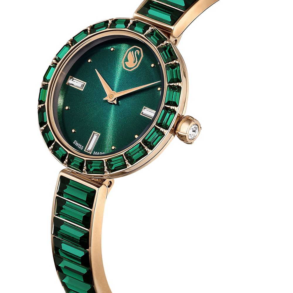 Luxury watch with green gemstone bezel and rose gold case on white background