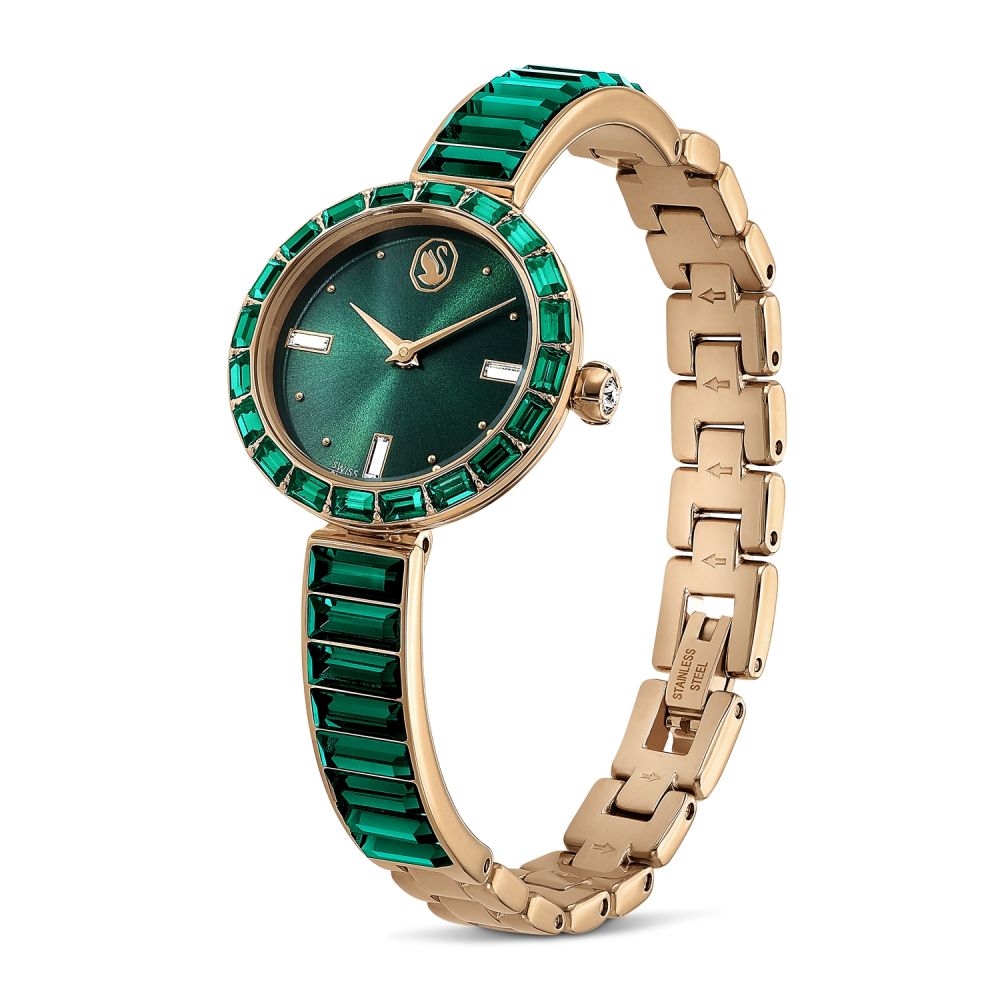 Luxury watch with green gemstones and gold bracelet on a white background