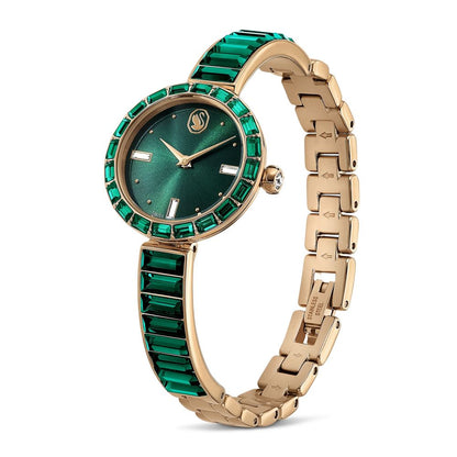 Luxury watch with green gemstones and gold bracelet on a white background