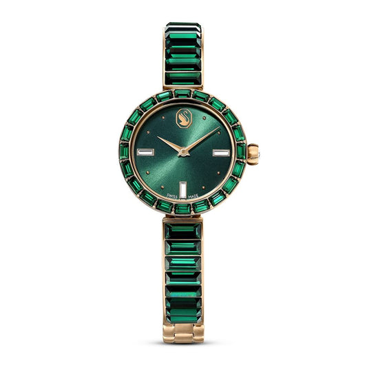 Luxury watch with green gemstone accents on a white background