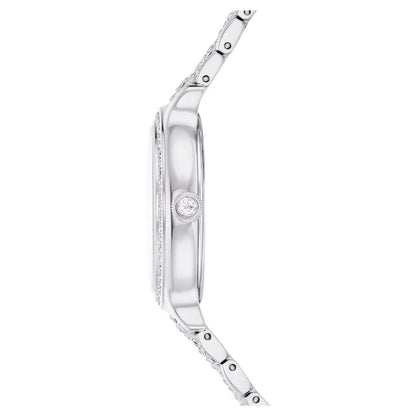 Silver watch with a clear face on a white background