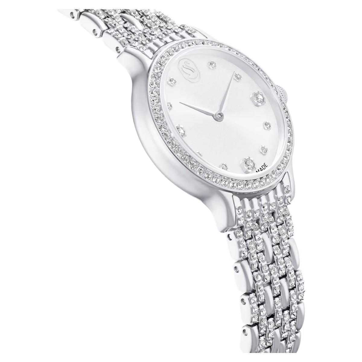 Silver watch with diamond-studded bracelet on a white background